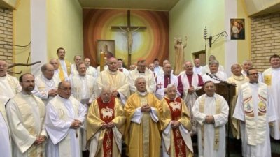 Kardinal Puljić i biskup Komarica na zlatnoj misi vlč. Josipa Leista