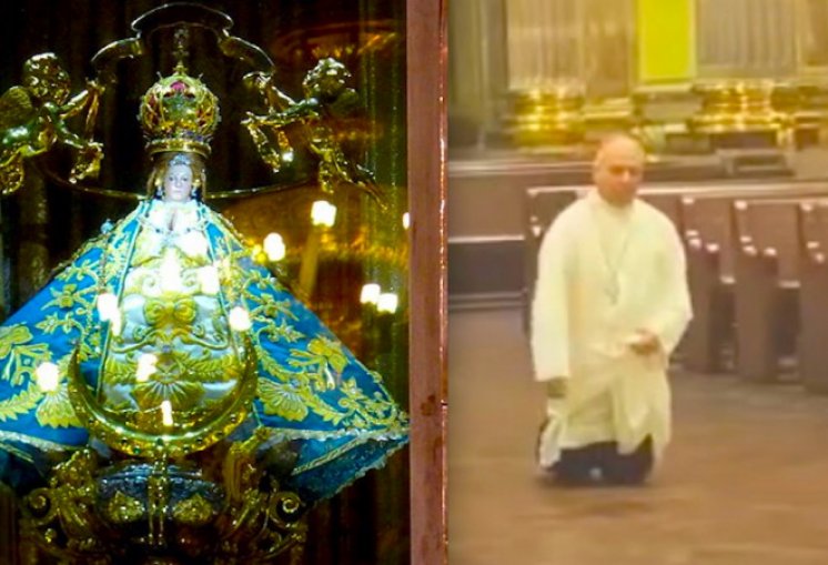 POGLEDAJTE MOĆ PONIZNOSTI: Biskup na koljenima u praznom svetištu okružio čudotvornu Djevicu