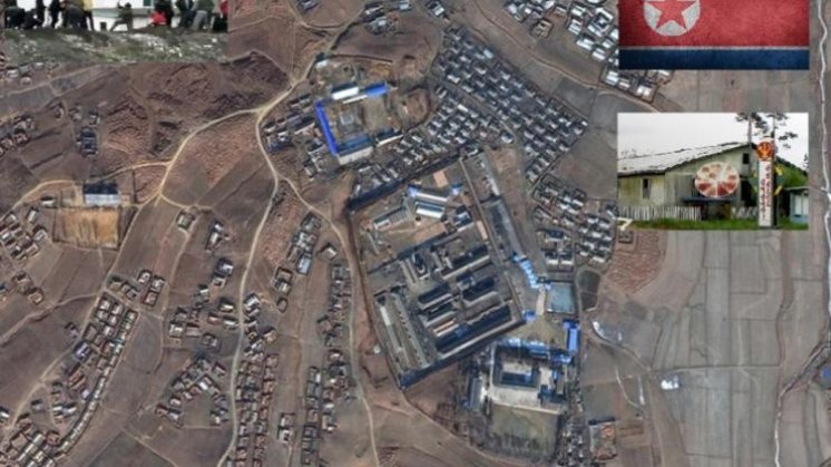 Foto: Pogled na logor iz zraka s ilustracijom uvjeta života i rada u Sjevernoj Koreji